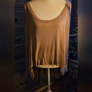 Free People Brown Ribbed Long Sleeve Top Cropped Front Tunic Back
